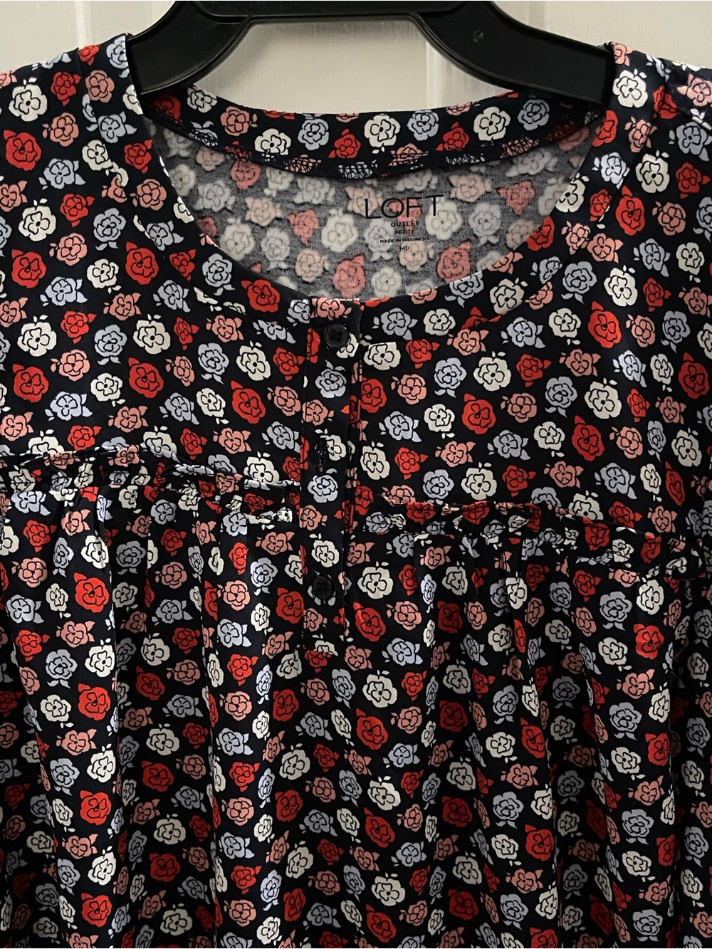 LOFT Navy Floral Long-Sleeve Blouse with Red & White Roses - Picture 2 of 3